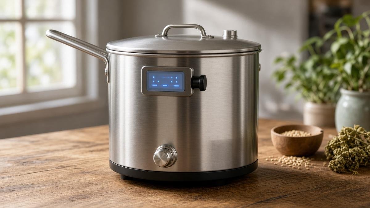 All-in-one electric brewing system on a workbench